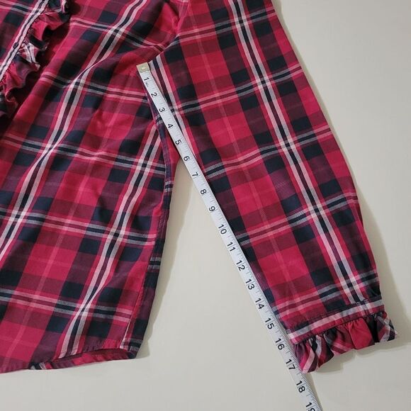 Chaps Women's Red Black Plaid Button-Down Ruffle Long Sleeve Shirt - Picture 9 of 16